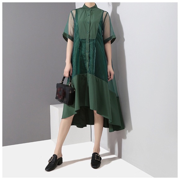 Green Sheer Fun Asymmetrical Swing Dress - Picture 2 of 8